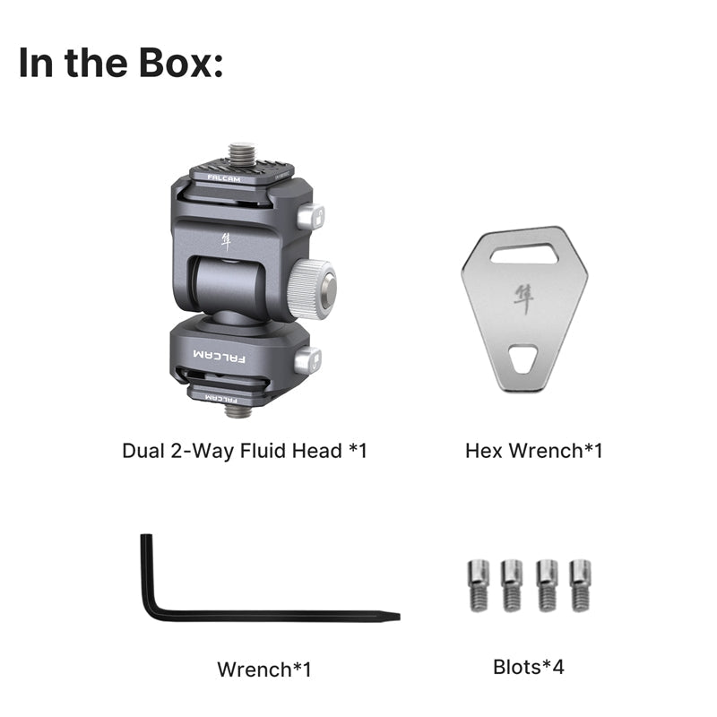 Falcam F22 Quick Release Monitor Mount kit contents, including fluid head, wrenches, and blots.