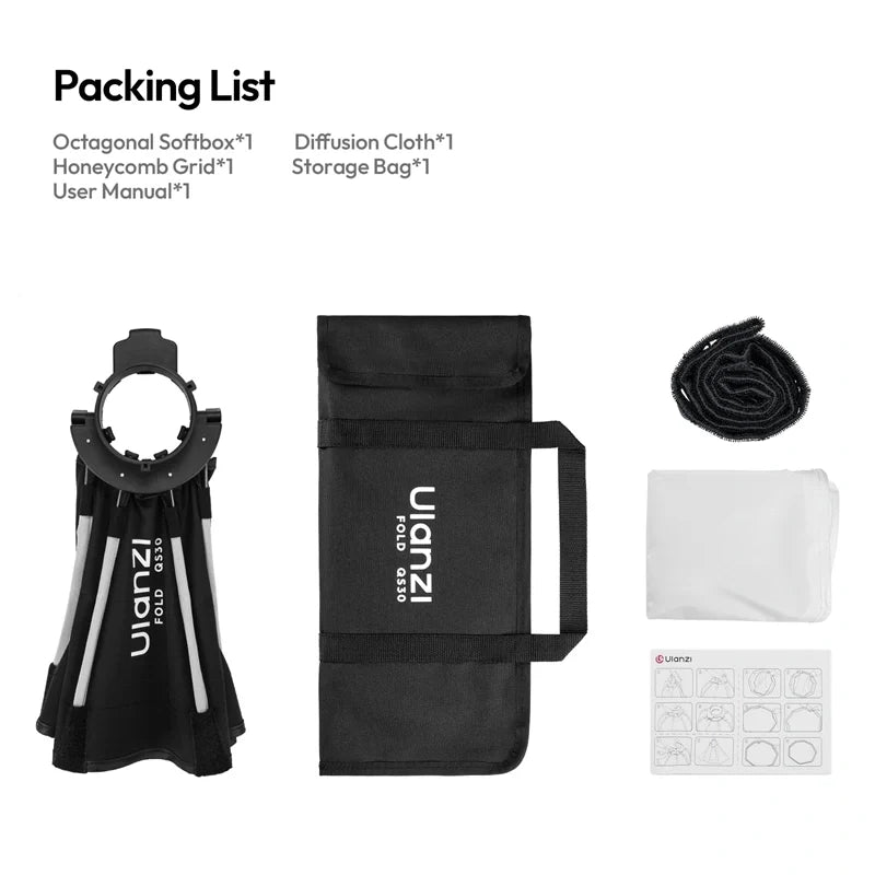 Ulanzi QS30 Octagonal Softbox ( Mini Bowens Mount, Honeycomb Grid & 30cm)