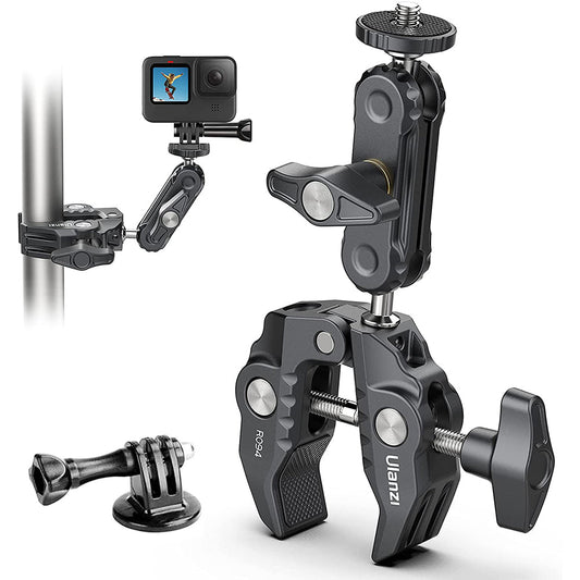 Ulanzi R094 Multi-Functional Super Clamp, black aluminum, holding GoPro camera.