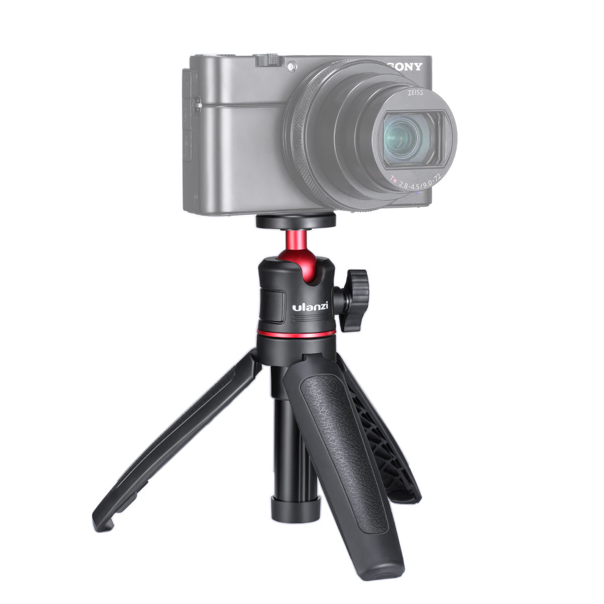 Ulanzi MT-08 Extendable Handheld Tripod with camera. Black and red design.