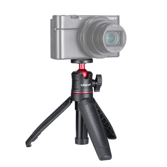Ulanzi MT-08 Extendable Handheld Tripod with camera. Black and red design.