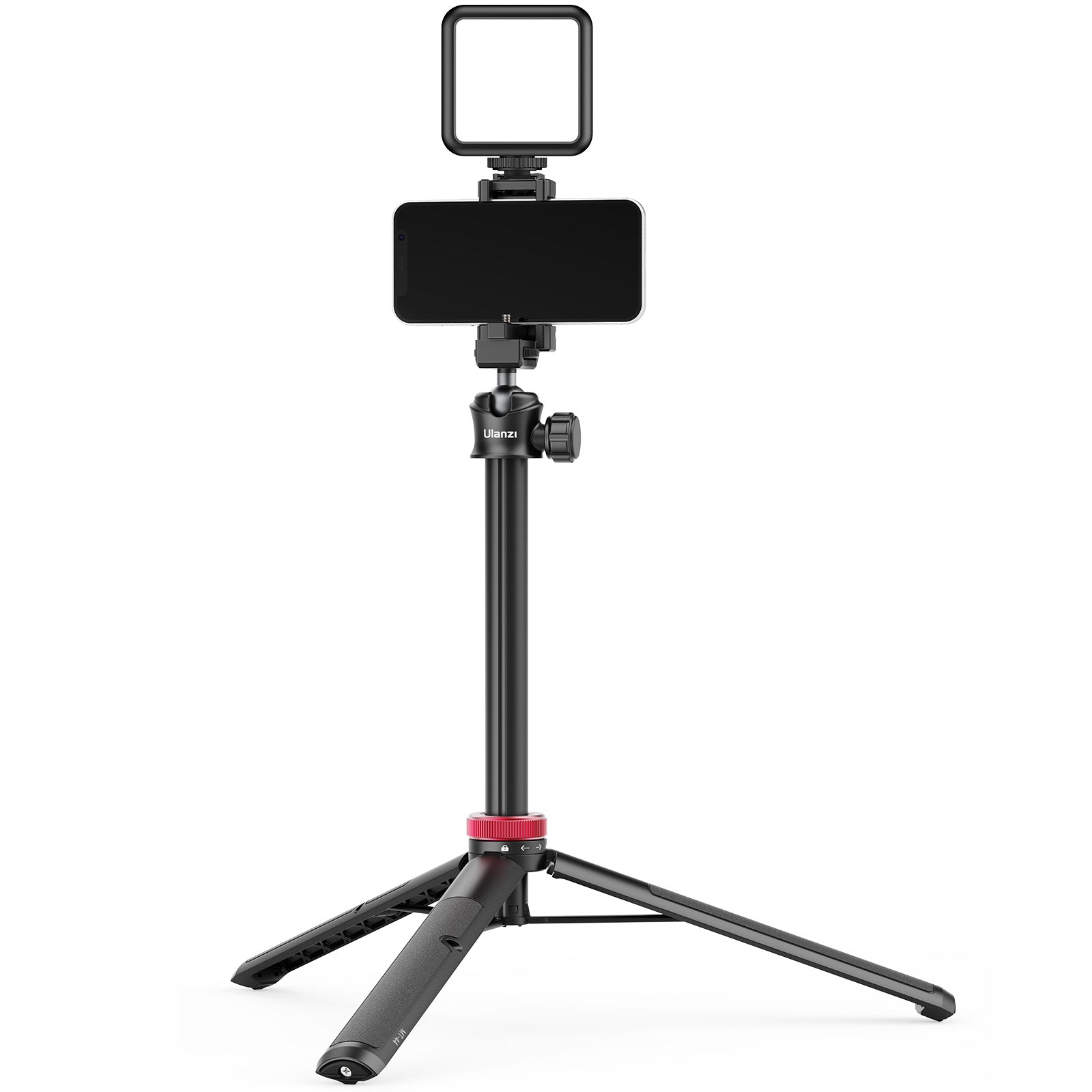 Ulanzi MT-44 Vlog Tripod with smartphone and LED light for vlogging, black with red accents.