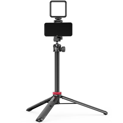 Ulanzi MT-44 Vlog Tripod with smartphone and LED light for vlogging, black with red accents.
