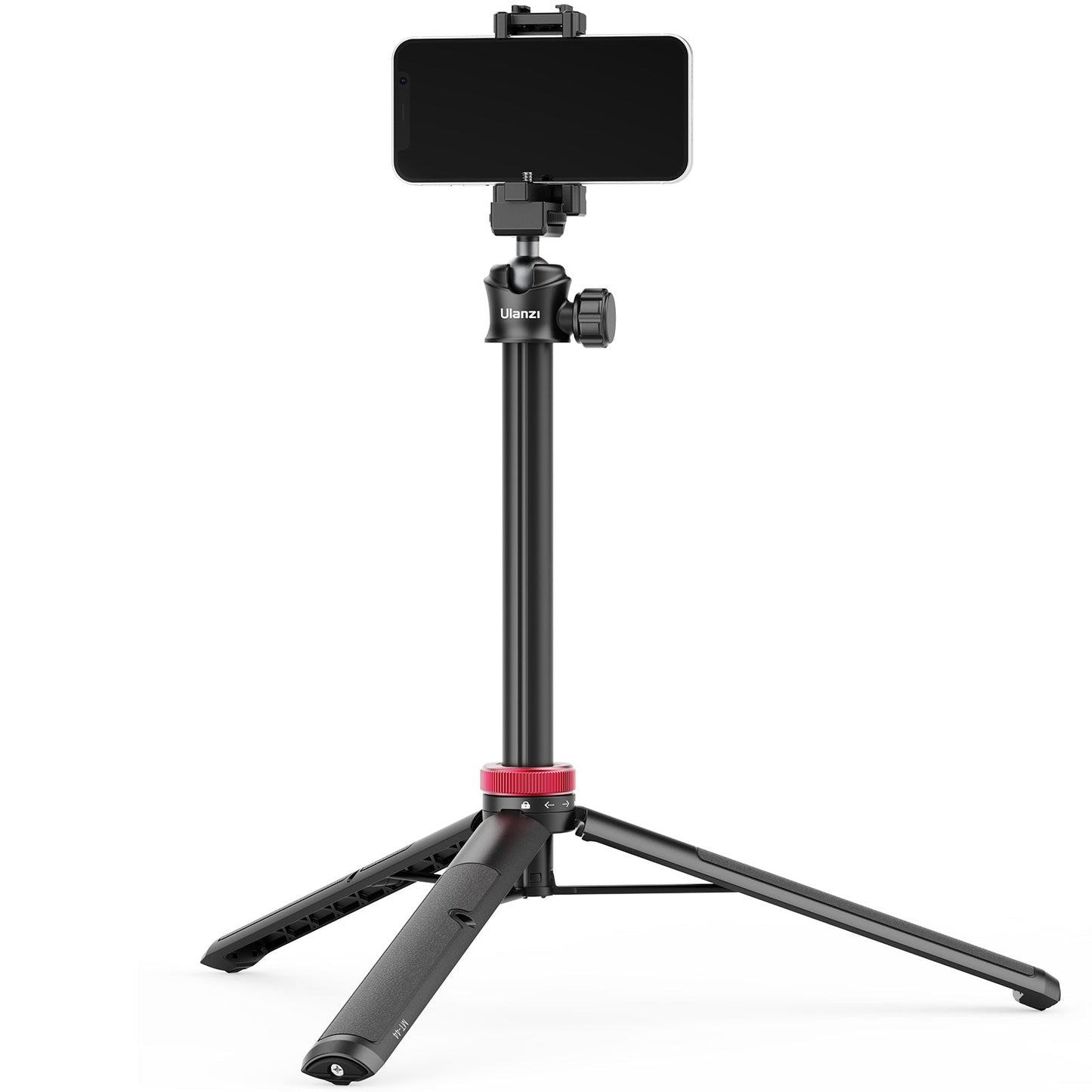 Ulanzi MT-44 Extendable Vlog Tripod with smartphone attached, black with red accents.