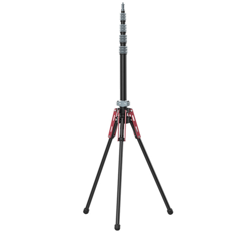 Ulanzi MT-49 Carbon Fiber Tripod extended, Lightweight, portable design with red accents.