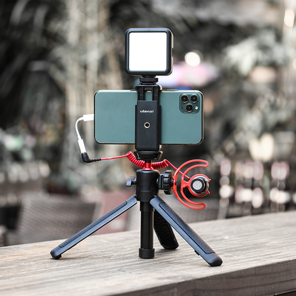 Ulanzi MT-16 Extendable Tripod Kit with phone, mic and LED light for filming and vlogging.