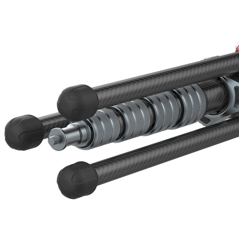 Ulanzi MT-49 Carbon Fiber Tripod leg detail: carbon fiber, metal ring, and rubber feet.