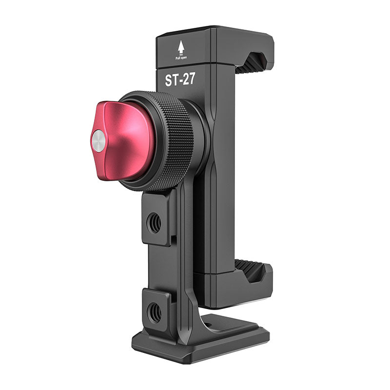 Ulanzi ST-27 Metal Phone Tripod Mount Clip - Black phone holder with red knob.