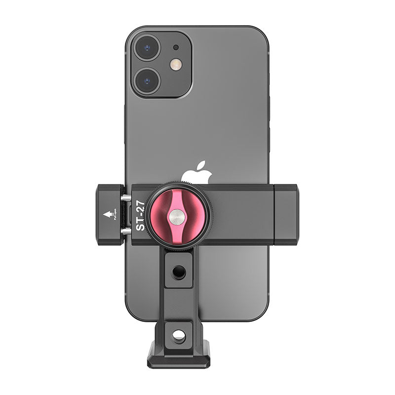 Ulanzi ST-27 Metal Phone Tripod Mount Clip holding iPhone - gray & red.