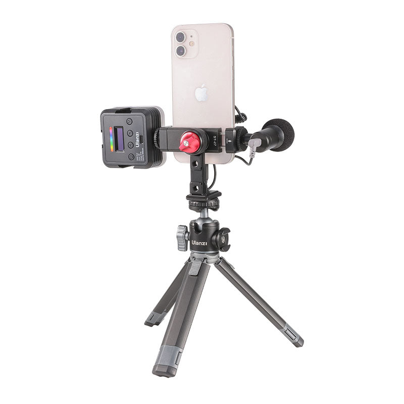 Ulanzi ST-27 phone tripod mount with smartphone, microphone, and LED light.