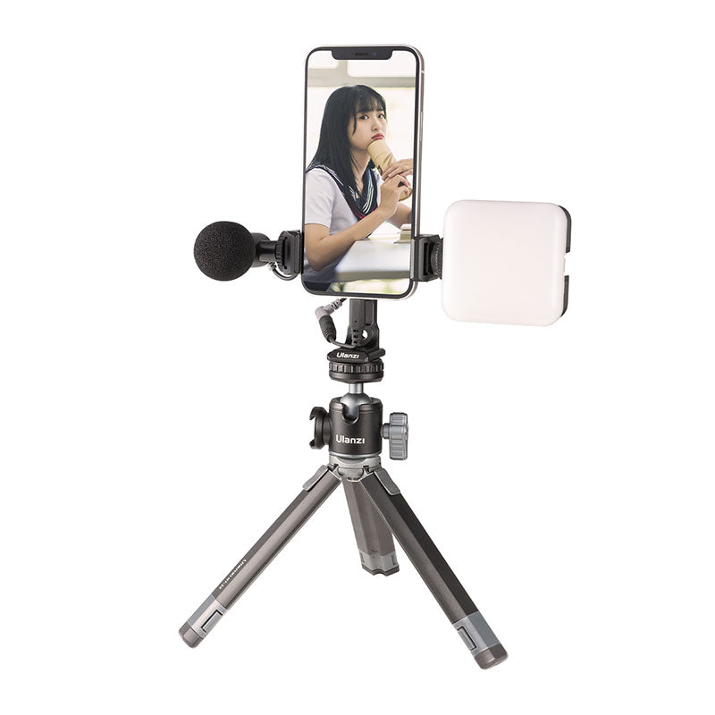 Ulanzi ST-27 tripod mount clip setup with smartphone, microphone, and light for content creation.