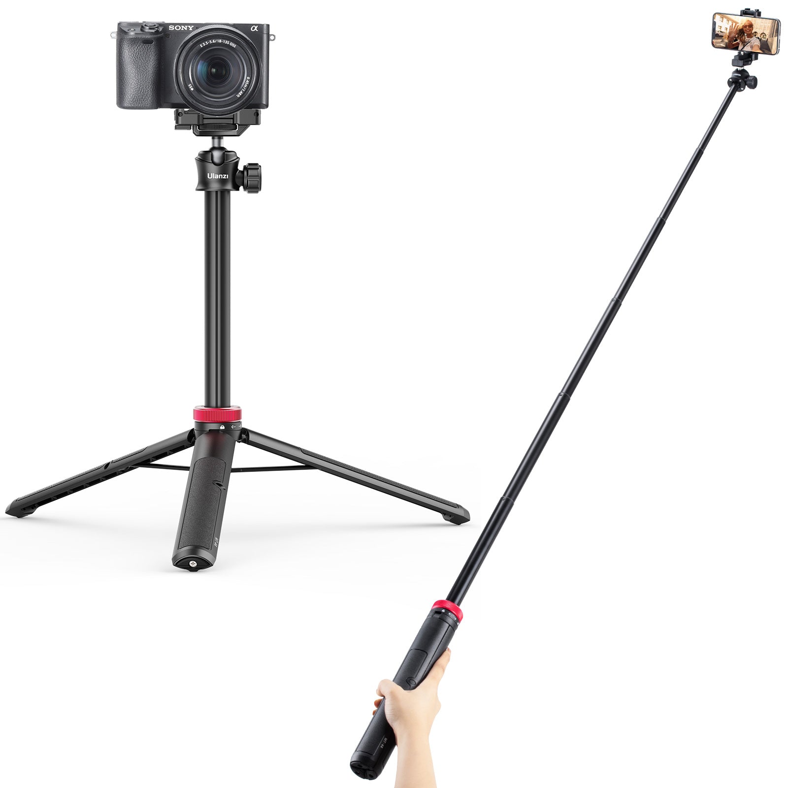 Ulanzi MT-44 Extendable Vlog Tripod in use with camera and phone, black, red accents.