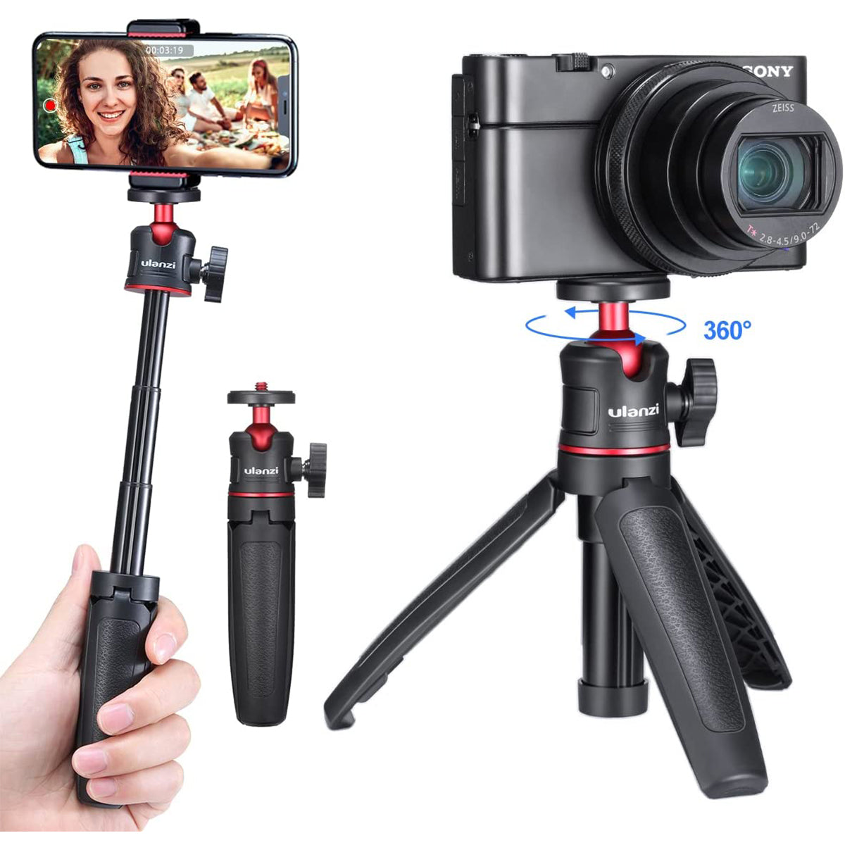 Ulanzi MT-08 extendable handheld tripod for phone and camera, black with red accents
