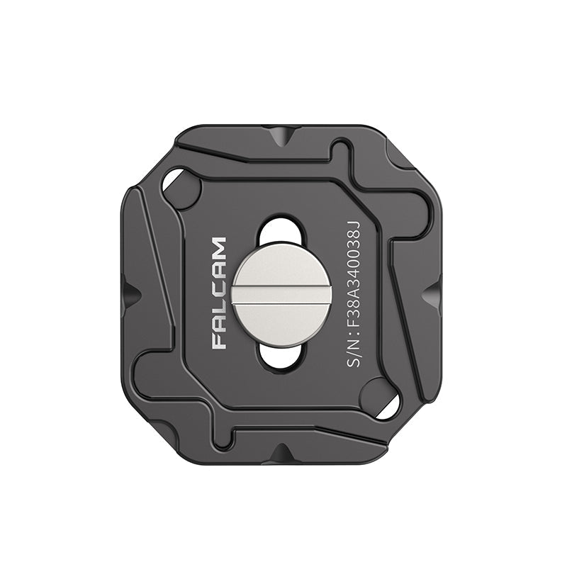 Falcam F38 Quick Release System Top Plate - Black aluminum alloy base with serial number.
