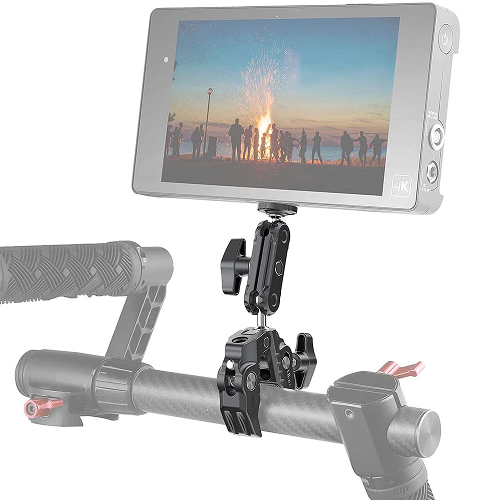 Ulanzi R094 Super Clamp with 4K Monitor on bicycle, black aluminum clamp, GoPro adapter included.