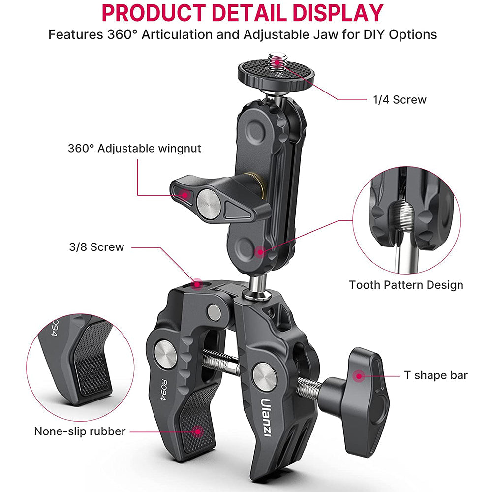 Ulanzi R094 Super Clamp: 360° adjustable, with screws and non-slip rubber pads for camera gear.