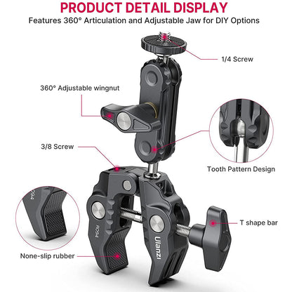 Ulanzi R094 Super Clamp: 360° adjustable, with screws and non-slip rubber pads for camera gear.