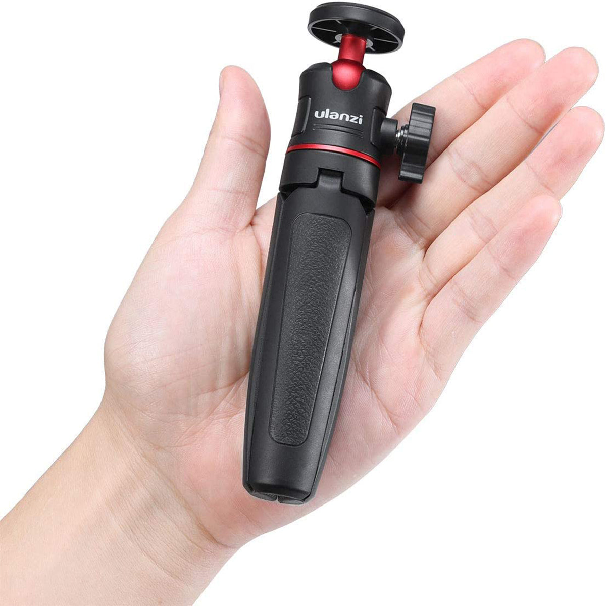 Compact Ulanzi MT-08 extendable handheld tripod with black silica handle and red accents