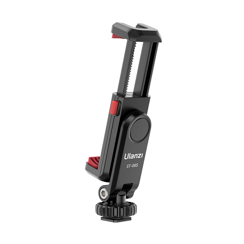 Ulanzi ST-06S Smartphone Holder - Black and Red, with Cold Shoe Mount and Tripod Connector.