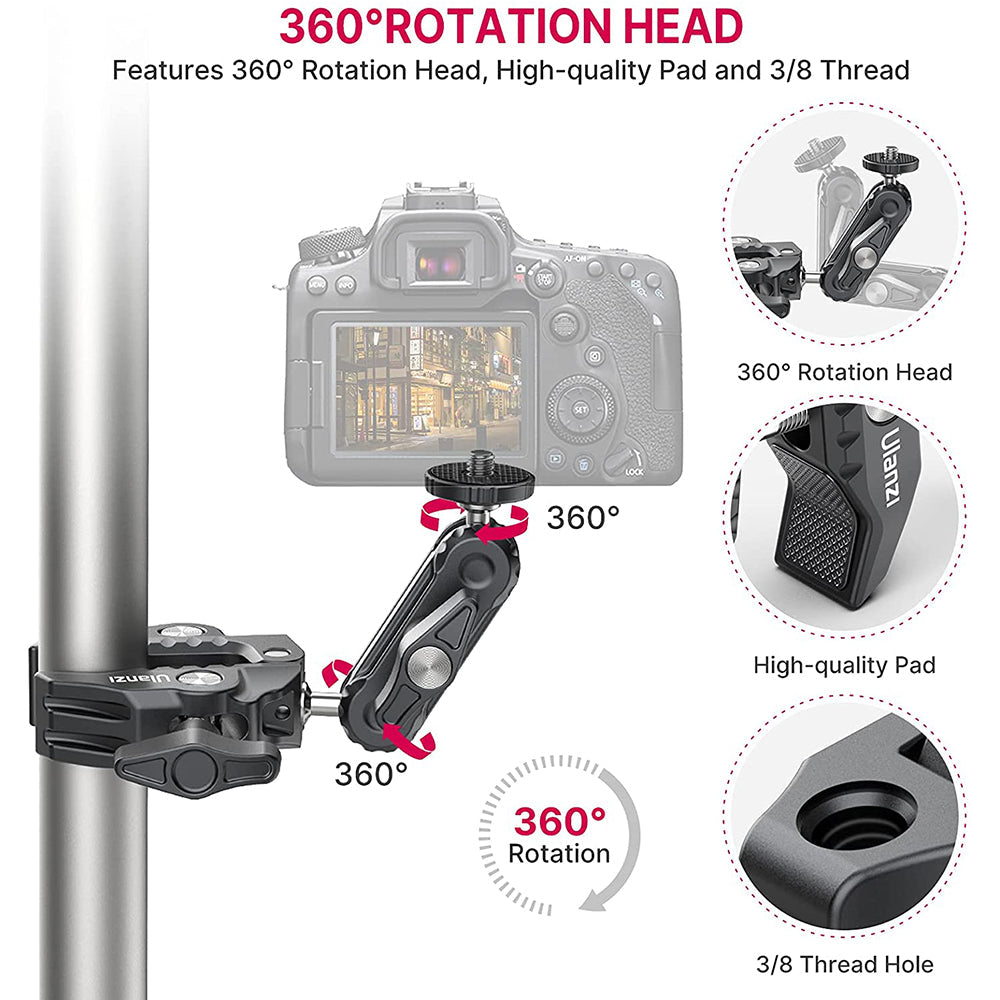 Ulanzi R094 Multi-Functional Super Clamp: 360° rotation head, ideal for camera and action camera.