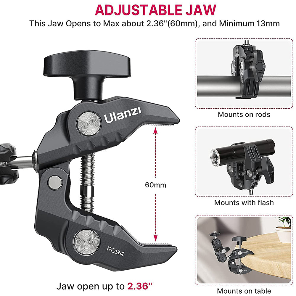 Ulanzi R094 Super Clamp adjustable jaw, opens to 2.36 inches, mounts on rods, flash, and table.
