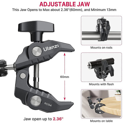 Ulanzi R094 Super Clamp adjustable jaw, opens to 2.36 inches, mounts on rods, flash, and table.