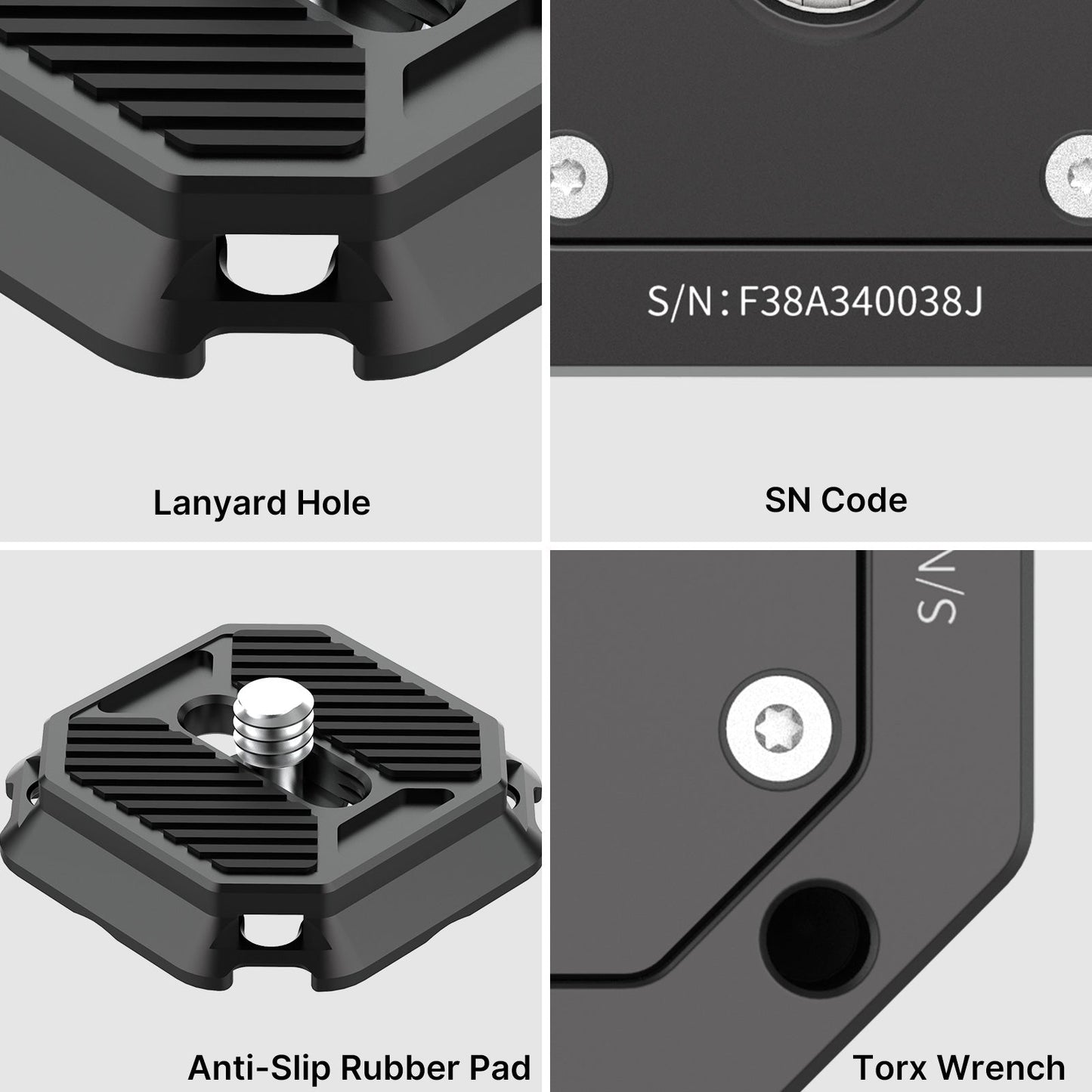 Falcam F38 Quick Release System: Detailed view showcasing lanyard hole, SN code, and anti-slip pad.