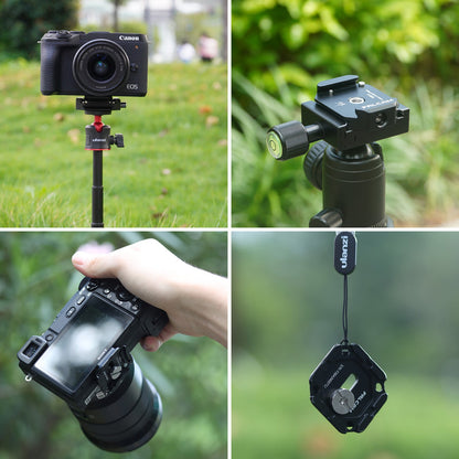 Ulanzi Falcam F38 Quick Release System in use with Canon and Sony cameras, aluminum alloy build.