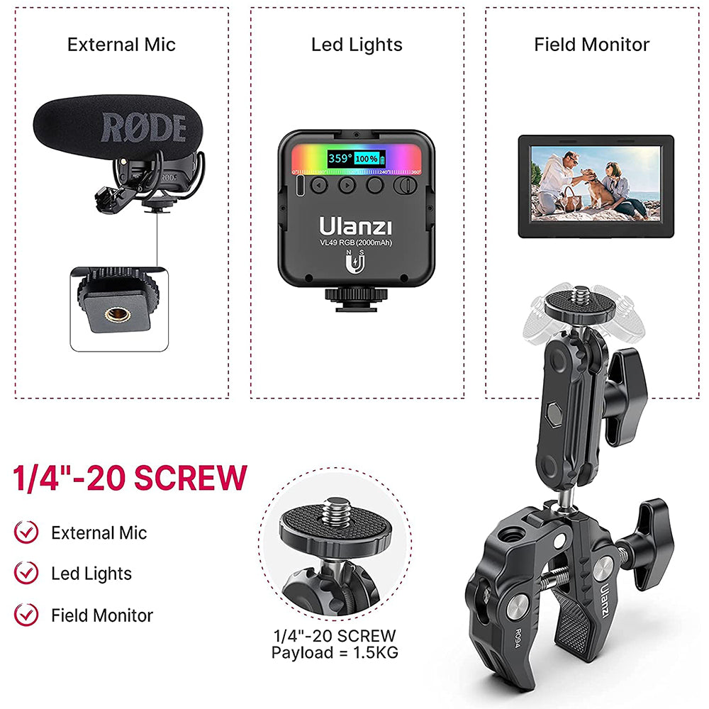 Ulanzi R094 Super Clamp, supporting External Mic, LED Lights, and Field Monitor with 1/4-20 screw.