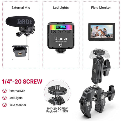 Ulanzi R094 Super Clamp, supporting External Mic, LED Lights, and Field Monitor with 1/4-20 screw.