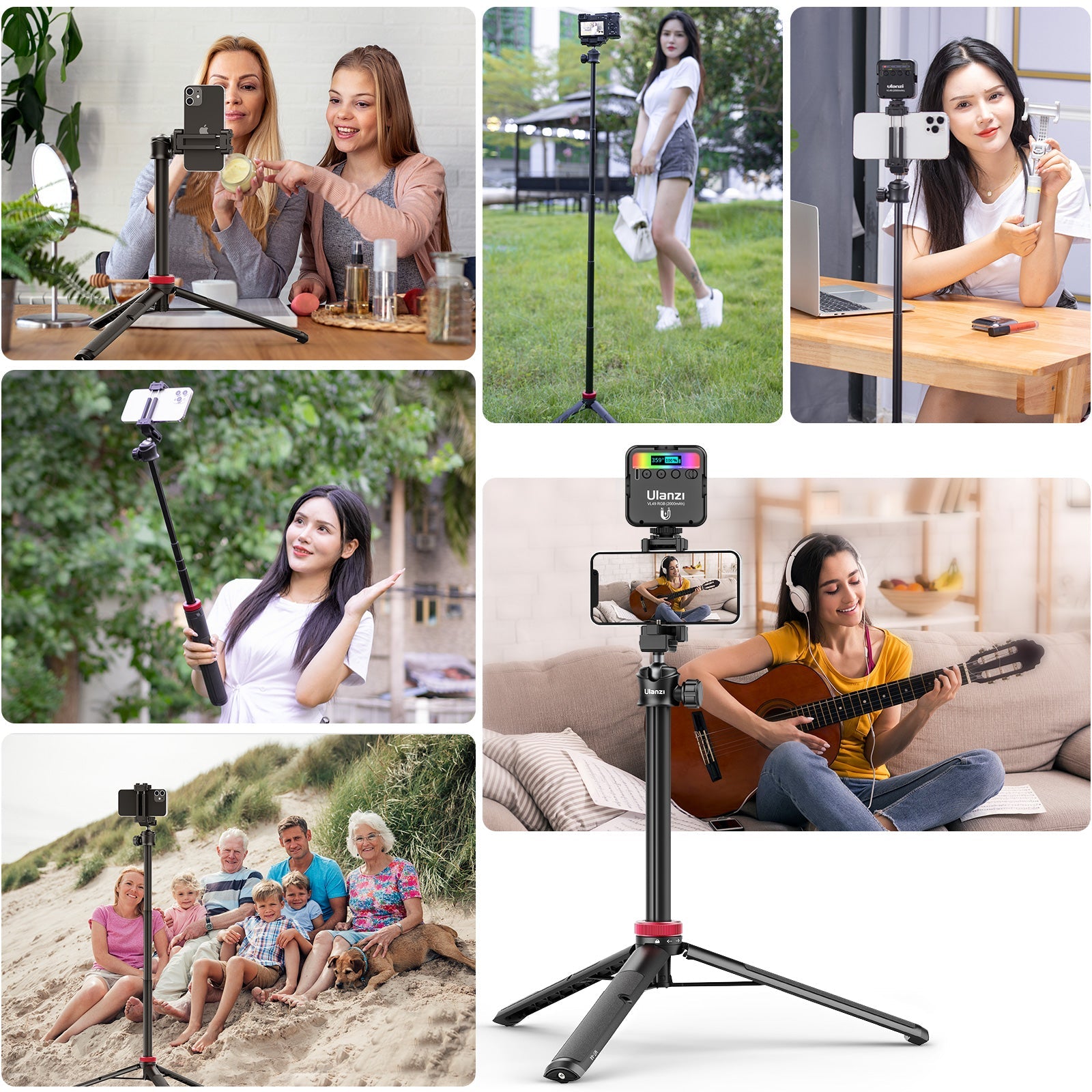 Ulanzi MT-44 Extendable Vlog Tripod in use: Content creation, vlogging, and family photos.