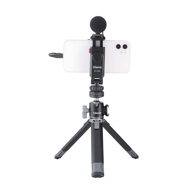 Ulanzi ST-06S Smartphone Holder with phone and microphone mounted on tripod.