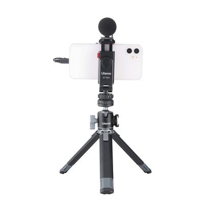 Ulanzi ST-06S Smartphone Holder with phone and microphone mounted on tripod.