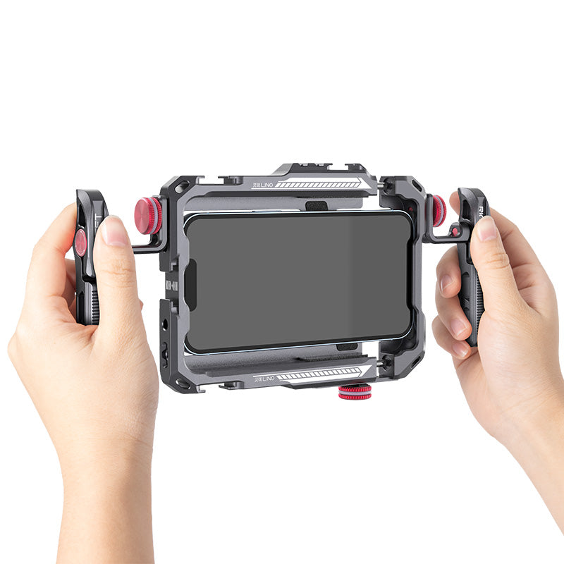 Ulanzi Lino 2792 Dual Handle Metal Smartphone Rig - Gray and red smartphone rig.