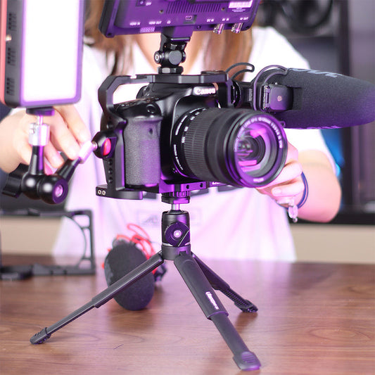 Ulanzi U-Vlog Lite extendable tripod holding a Canon camera with microphone and LED light