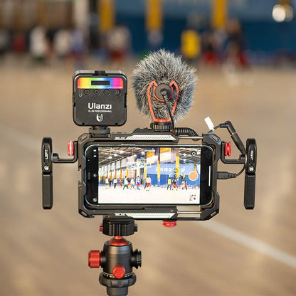 Ulanzi Lino Smartphone Rig 2792 with microphone and LED light, for filming smartphone video content.