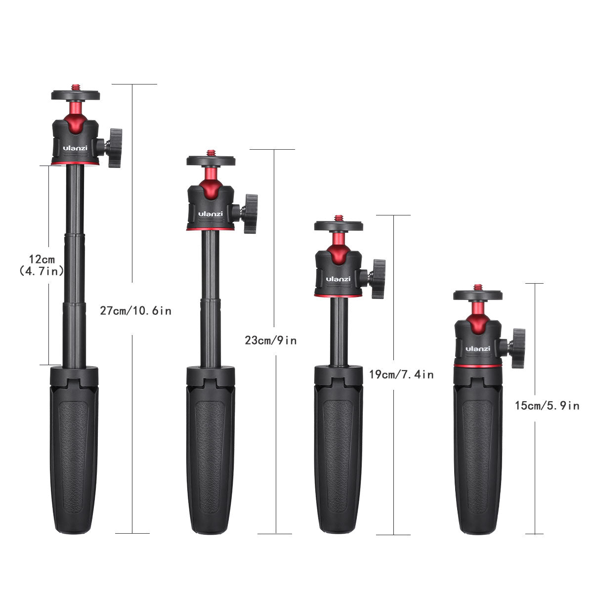 Ulanzi MT-08 extendable handheld tripod with silicone grip, shown in four height positions