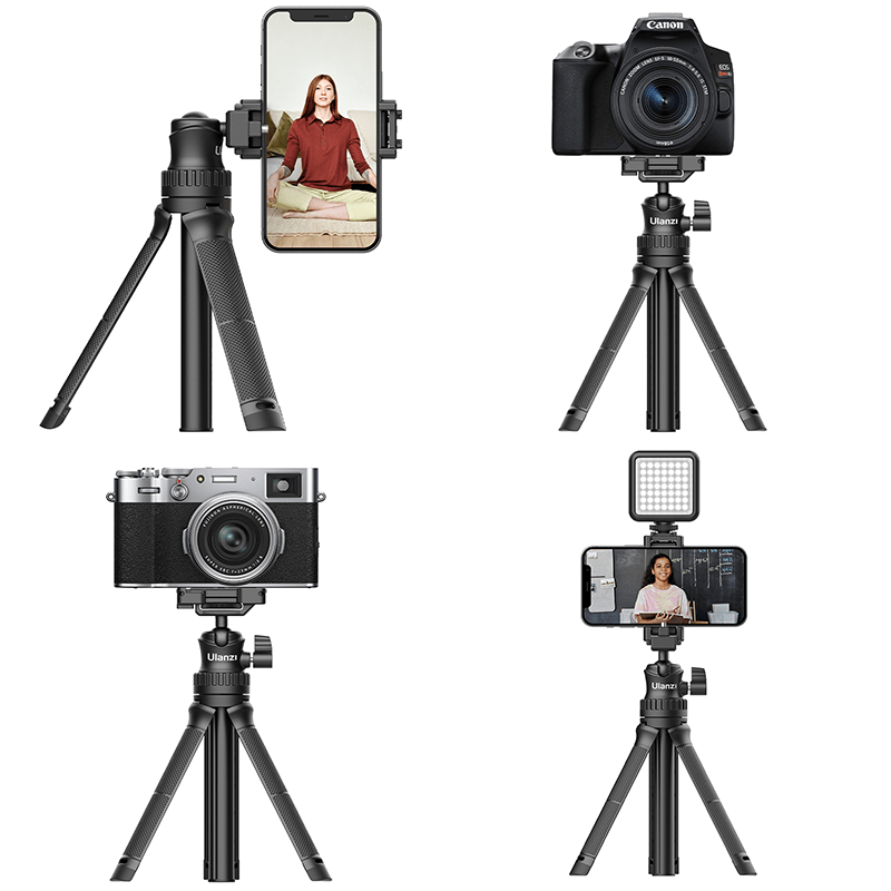 Ulanzi MT-34 tripod in use with different cameras and smartphones, showcasing its versatility.