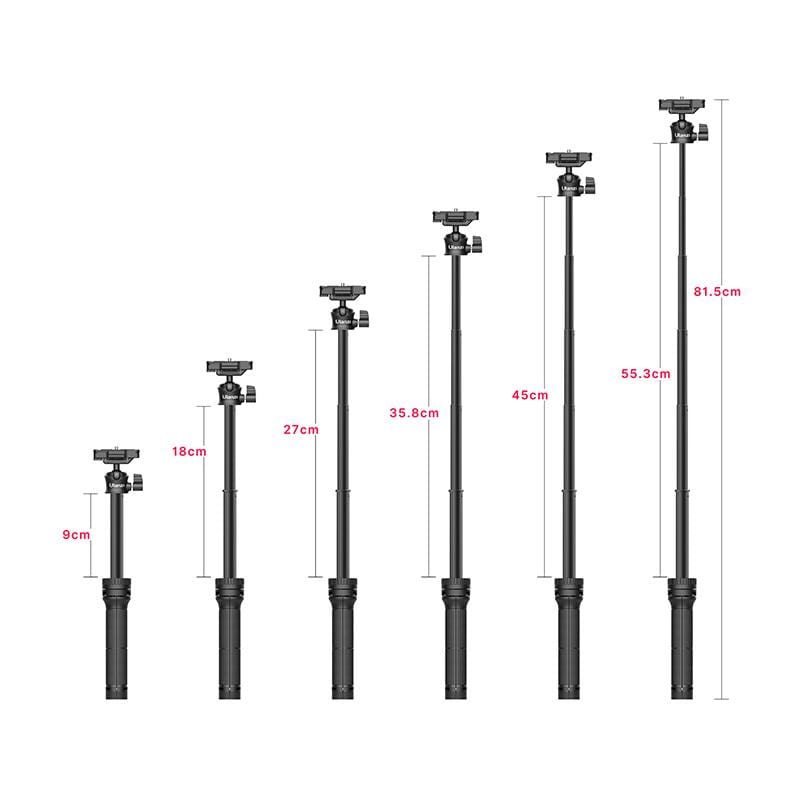 Ulanzi MT-34 Multi-functional Extendable Tripod, demonstrating adjustable height from 9cm to 81.5cm.